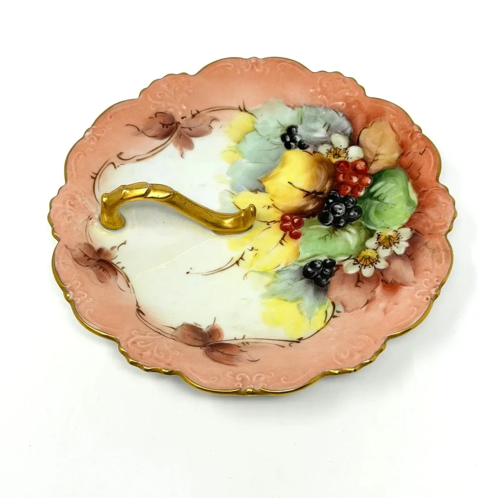 C Durflinger Handled Plate Hand Painted Fruit Porcelain Peach Gold 6.5 In